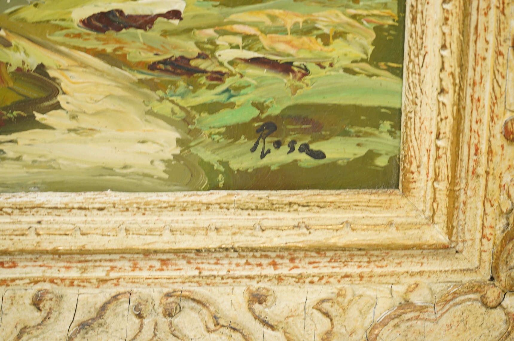 Four oils on canvas to include 'The Pantiles signed wheeler', an alpine scene, signed Rosa, and others, largest 39 x 50cm